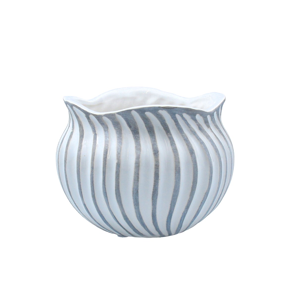 A small white and grey ceramic pot cover with all over wave design. The perfect addition to your home or the perfect gift for yourself or a loved one. By London designer Gisela Graham.